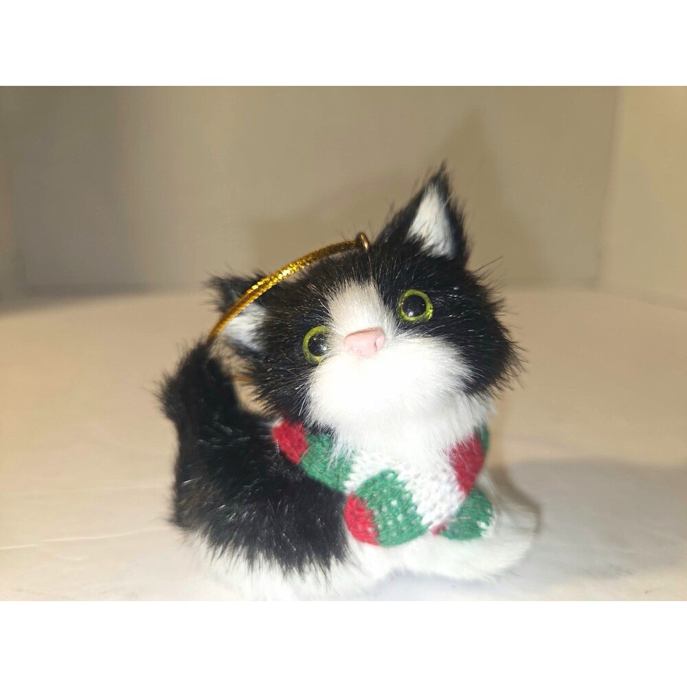 Black & White Faux Fur Plush Cat Ornament w/ Red Green White Scarf 3 in